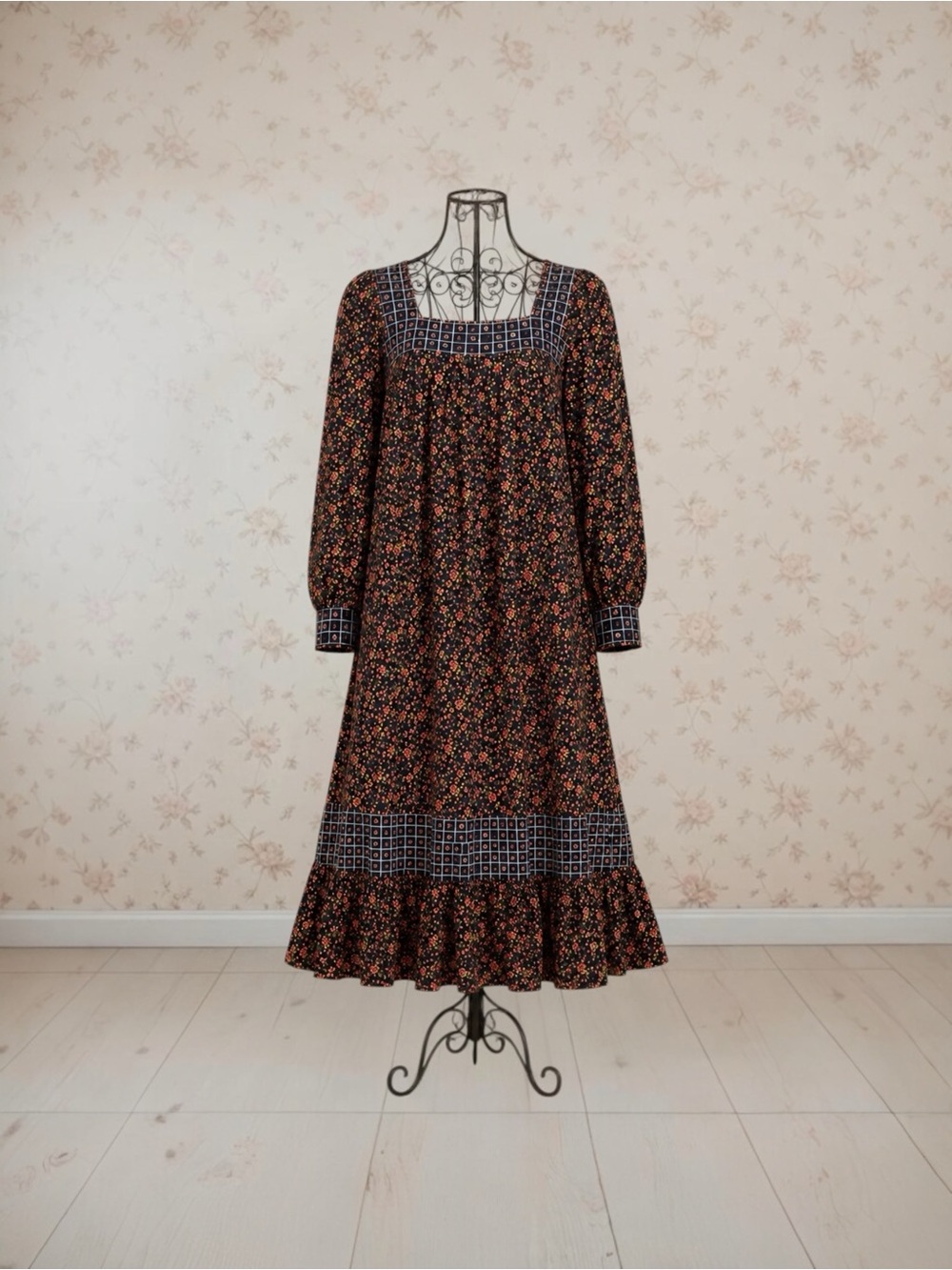 Rare VTG 70s Gunne Sax Modest Prairie Midi Dress Dark Romatic Floral Cottagecore